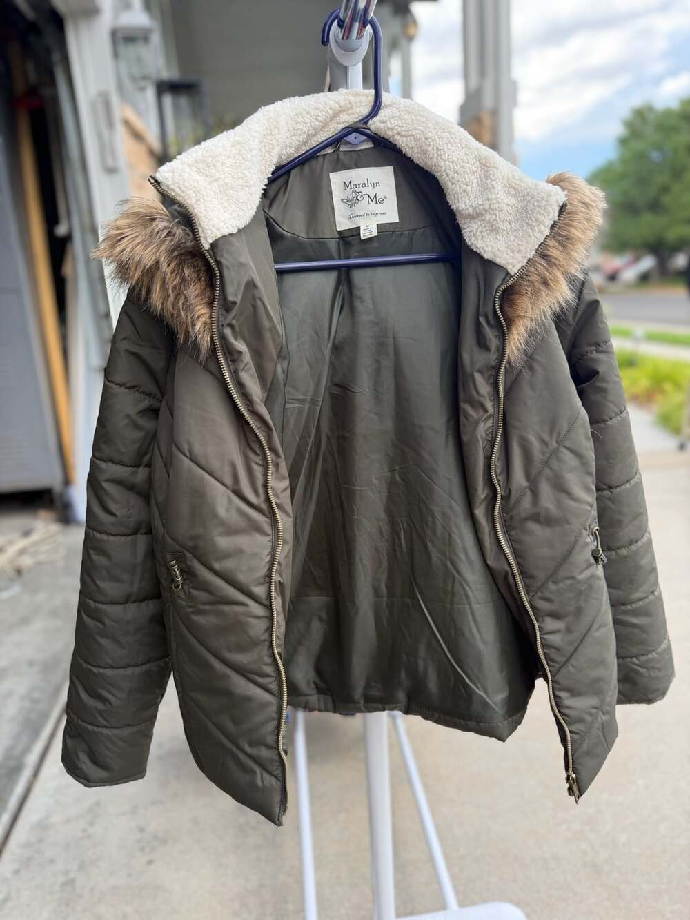 Maralyn & Me Olive Green Puffer Jacket with Faux Fur Hood